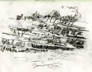 Pointe de la Cacau, étude au crayon et encre pour le tableau #3